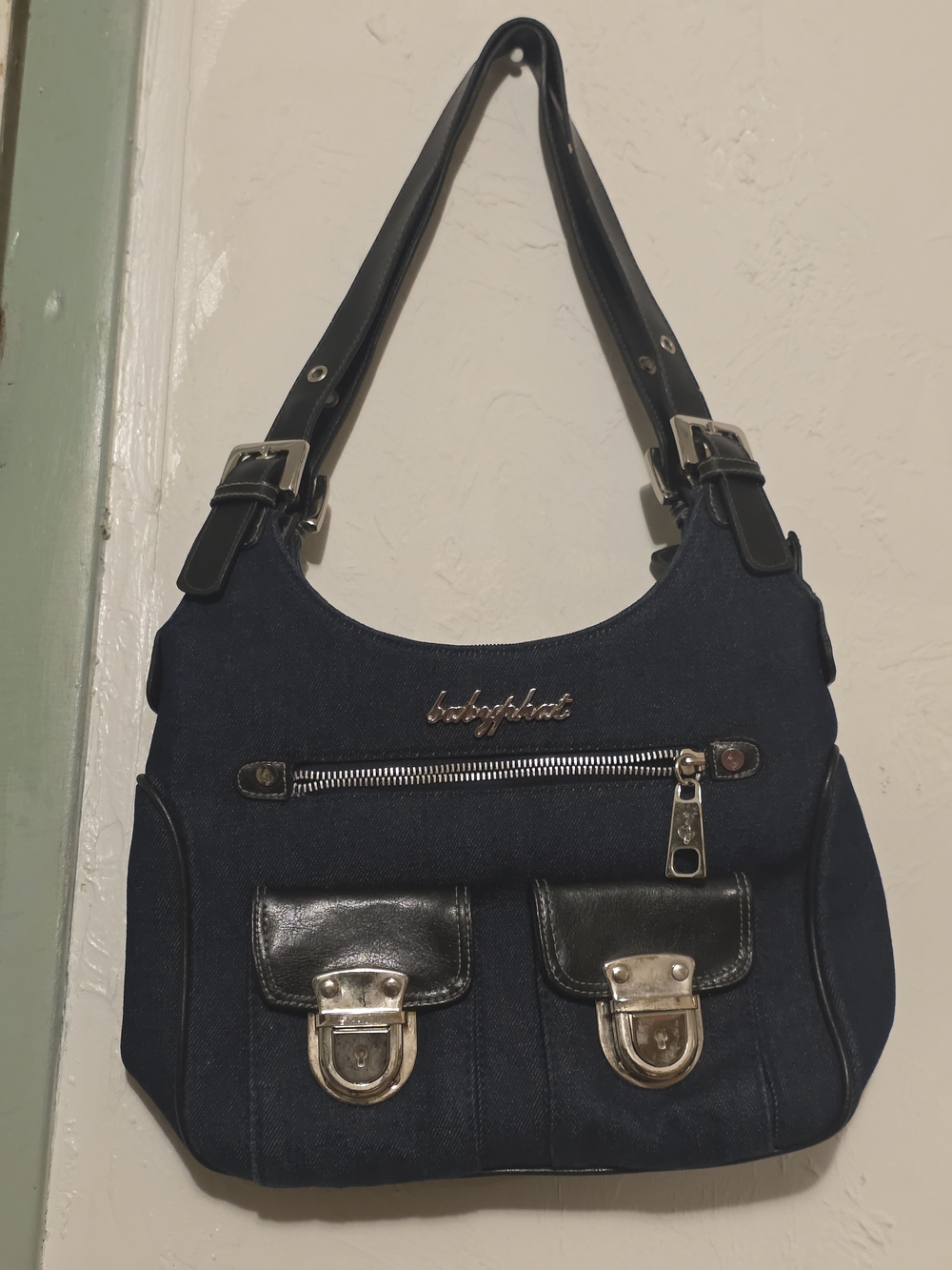 Baby Phat Navy Denim Shoulder Bag with Black Trim